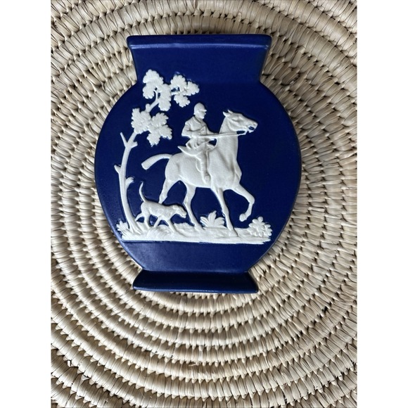 Weller Pottery Blue Jasperware Plaque Hunt Scene Horse Rider Dog 9x7